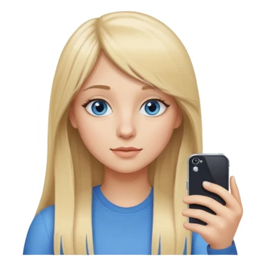 young woman with long straight blond hair, side bangs, and blue eyes. She is taking a selfie with her iphone sticker