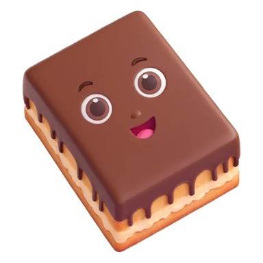Rectangular chocolate mini pastry, slightly tilted, squished chocolate, crazy wide eyes, open mouth, text above: "ПАСТИЧКА", chibi style, Twitch emoji style, transparent background, colorful sticker