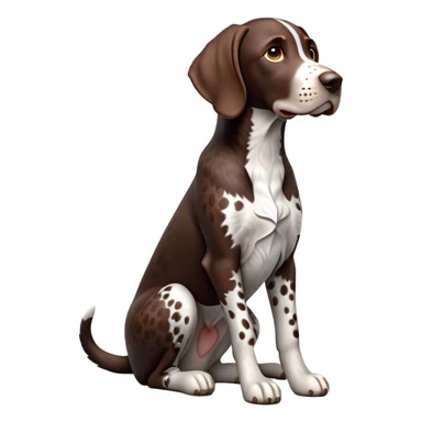 cinematic-[german pointer]-realistic-full-body-sitting-emoji,-tail-resting-loosely-beside-its-paws,-head-tilted-dramatically,-sleek-[brown and white spotted]-fur,-simplified-yet-realistic-focused-features,-highly-detailed,-glowing-with-an-almost-sarcastic-glow sticker