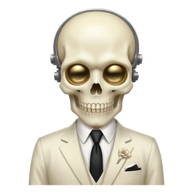 cinematic realistic - a politician in an ivory ethereal suit wears a white tie, has a skull instead of a head, and instead of glasses, has a metal plate with screws over his eyes sticker