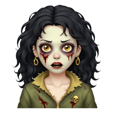 Create a zombie woman with voluminous wavy hair and a gold nose piercing. sticker