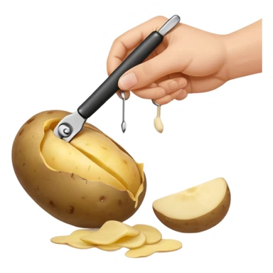 hand peeling a potato with a small kitchen peeler, potato skin curling off, simple white background, realistic textures, clean and bright, fun expressive design



 sticker