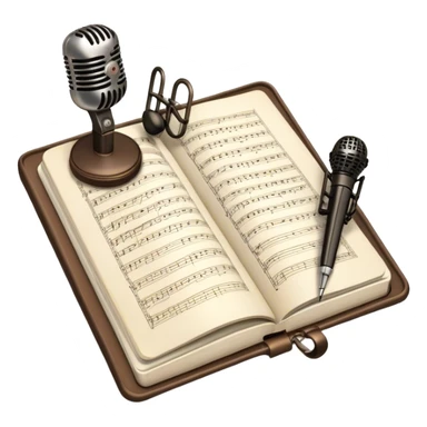 Create an emoji representing songwriting. The design should feature an open notebook or sheet music with visible lyrics between the musical notes, symbolizing the process of writing song lyrics. The text between the notes should be clearly visible. A pen or pencil should be placed near the notebook, indicating active writing. Optionally, include a vintage microphone lying beside the notebook (not on the music notes) to add a creative touch. Use a harmonious color palette with warm and neutral tones. Do not include any emojis or smiley faces. Make the background transparent. sticker