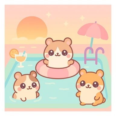 square colorful pool party scene at sunset with up to 3 kawaii hamsters, weed leaves, cheese, and THC theme, extra vibrant, nostalgic, fun, inviting, summer party vibe, clear composition, no disco ball sticker