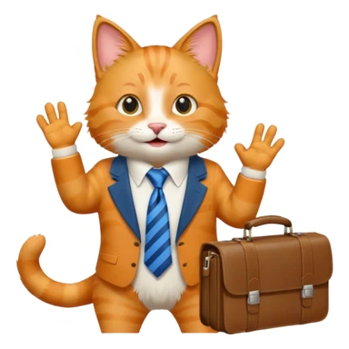 happy cat with a blue tie and briefcase, waving sticker