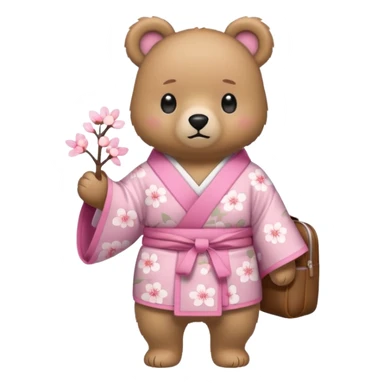 A cute light-brown bear wearing a pastel pink sakura-patterned kimono, normal balanced body ratio.  
Wearing a small backpack on the back, one paw holding the strap, ready to go outside.  
Kawaii emoji style, minimalistic clean sticker illustration, white background. sticker