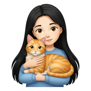A black-haired girl hugs a long-haired golden tabby cat sticker