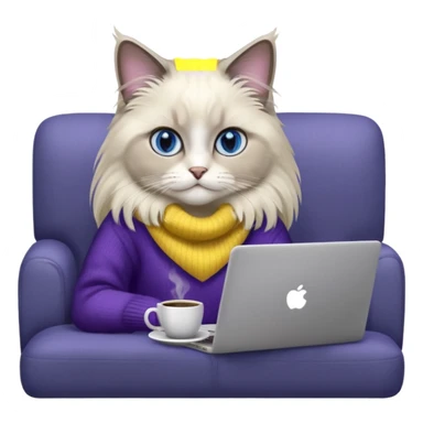 a cute blue eyed ragdoll cat wearing the dark violet sweater with yellow letteting "Milena" sitting on the grey sofa with grey laptop and drinking coffee sticker