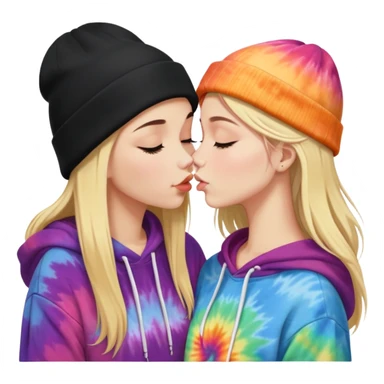 Short brunette haired white girl in a hoodie and a black beanie kissing a tall short long blonde haired girl wearing a black beanie and a tiedye hoodie. make ther brunette shorter than the blonde sticker