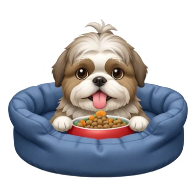 old grey shih tzu in dog bed with bowl of food tongue hanging out sticker