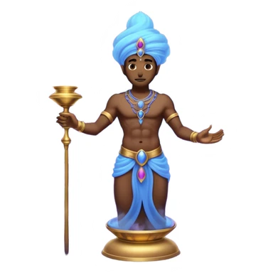 mystical fantasy illustration of a powerful jinn emerging from an ancient golden lamp. Glowing blue and purple smoke spirals upward in a smooth circular motion, creating the illusion of a looping animation.  sticker