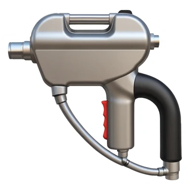 handheld fuel dispenser with a trigger, metallic look, slightly curved tip, black rubber hose attached, shown from a different angle sticker