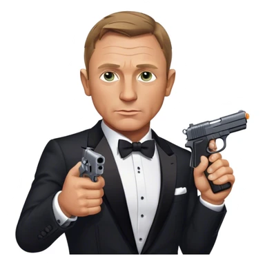 Cinematic Realistic James Bond Daniel Craig Portrait Emoji, depicted as the ultimate suave and enigmatic secret agent, donning a sharply tailored tuxedo, gripping a sleek handgun, with a piercing gaze that exudes confidence and danger. The scene is infused with moody, high-contrast cinematic lighting, evoking the thrilling world of espionage and intrigue. sticker