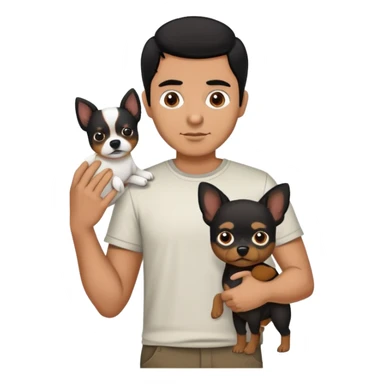 Mexican man with black hair and brown eyes wearing a shirt and black pants, holding a small white dog with one brown ear sticker