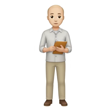 man, mid 30's shirt and trousers balding hairline, full body, standing, holding a clipboard sticker