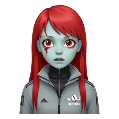 Crie um emoji de uma menina zumbi  com o cabelo vermelho longo com uma franja reta casaco de gola alta da adidas sticker