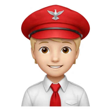 A Soviet pioneer emoji — smiling young boy wearing a white shirt with a bright red pioneer necktie and a classic red pilotka cap. The pilotka cap should fit closely to the head, without brims or side flaps, slightly folded at the top. not a cowboy hat. Flat, smooth 3D shading sticker