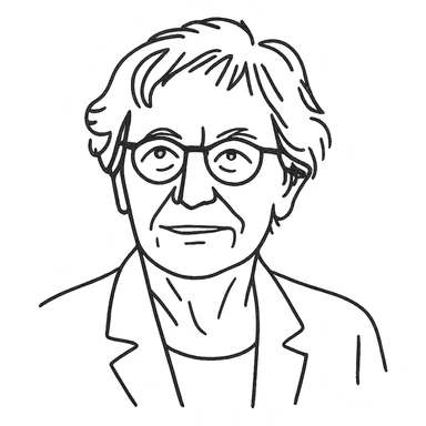 a hand drawn black outline portrait of philosopher Catherine Larrère based a famous portrait of her sticker