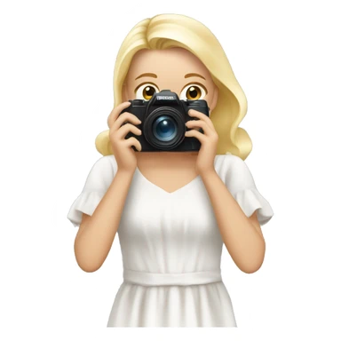 blonde photographer in a white flowy dress and camera to her face doing family photography sticker