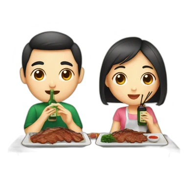 An Asian couple girl eating Korean bbq and drinking soju sticker