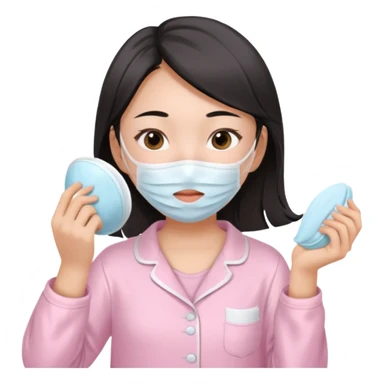 angelic asian girl doing skin care in baby pink pajamas, applying mask to her face sticker