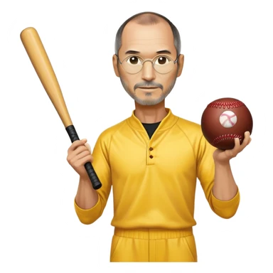 Steve Jobs wearing Bruce Lee's yellow jumpsuit, holding a baseball bat and ball sticker