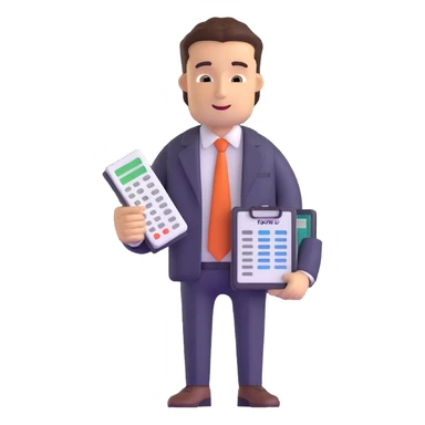 male accountant with spreadsheet, calculator and ledger sticker