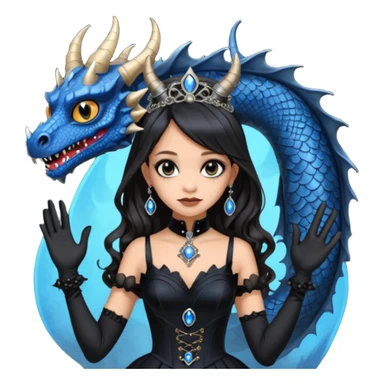 Slim fitting seductive dress Holed and worn Lavish black evening gown with see-through black gloves , Jenna Ortega as Addams woman wearing a steampunk mini tiara, very large blue evil-looking horned old dragon evil eyes  sticker