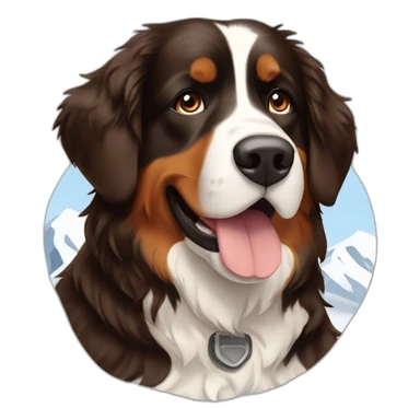 bernese mountain dog hiking with a woman with brown hairr a mountain in snow in Norway sticker
