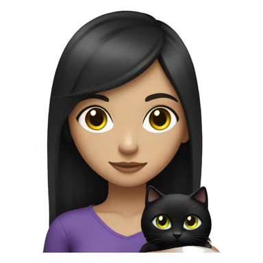 Fair skinned girl green eyes and long black hair, wearing purple and holding a black cat with yellow eyes sticker