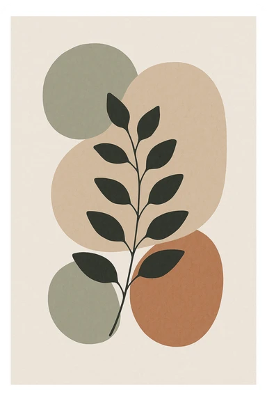 abstract botanical wall art, minimalist scandinavian style, large rounded organic shapes, eucalyptus branch silhouette, neutral earth tones (beige, sage, terracotta), subtle paper texture, modern interior decor, full bleed composition --v 6 --ar 3:4 --q 2 --style 4a sticker