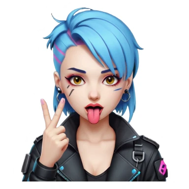 Woman with her tongue out in cyberpunk clothing and giving the middle finger. Looking naughty. sticker