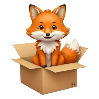 cute fox sitting in a cardboard box, looking up with a joyful expression, emoji style sticker