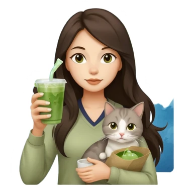 a brunette woman with long hair in here 30S drinking an iced matcha, carrying a grey cat and a map of the world sticker