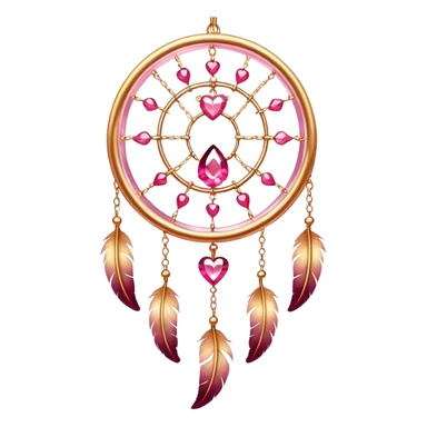 Reddish-pinkish and golden warm-colored romantic lush beautiful pretty hanging crystal-catcher aesthetic with hearts and sparkles and feathers sticker