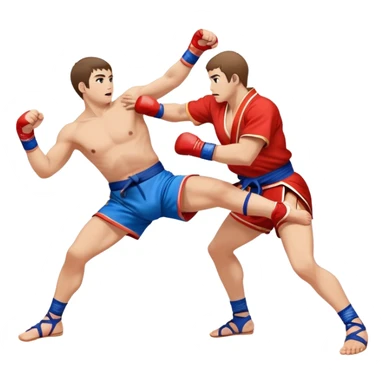 An icon symbolizing Sambo, featuring two fighters in blue and red kimonos with shorts and wrestling shoes. One executes a powerful throw, while the other attempts a defensive grab. The fighters are engaged in a grapple, using joint locks and sweeps.  sticker