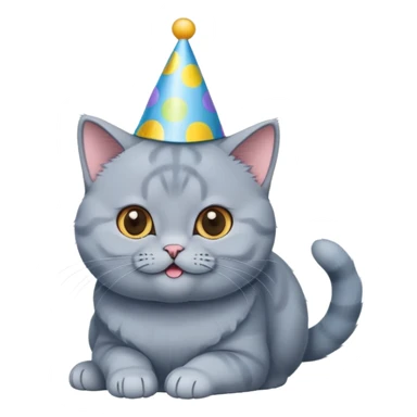 British shorthair blue cat happily wears a birthday hat sticker