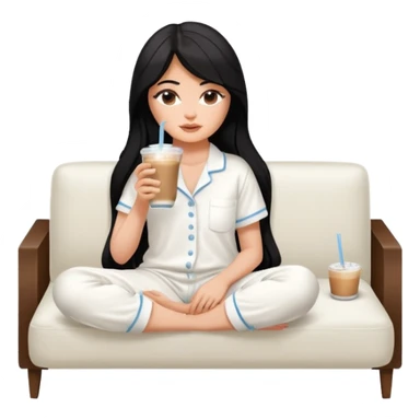 Kylie Jenner with her sexy face and long hair, make it 1 tone lighter,sitting learning on macbook watching the screen the laptop, she wears a white Skims pajama and she's drinking 1 tasty iced latte with a straw and sitting on a white sofa sticker
