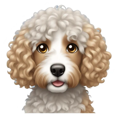Curly haired white strawberry blonde female with blue eyes and a grey bernedoodle with a blue and brown eye sticker