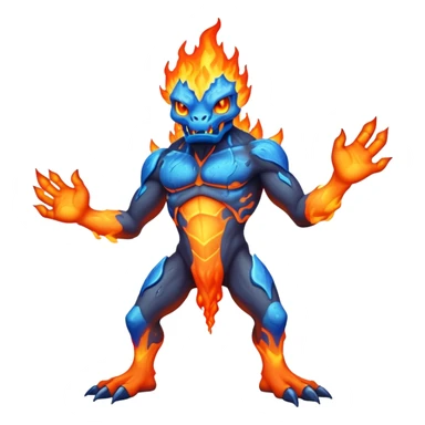 a mystical fast lava creature without arms with molten lava on its head and some rocky shoulders, fire crystals, blue flames, fire legs, no background sticker