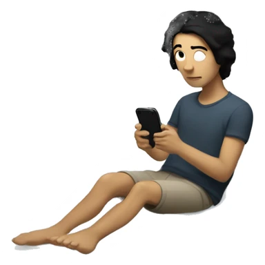 A white person with black hair sits on the edge of a bed, looking at their phone in a softly lit room, with the full bed and surroundings in view." sticker