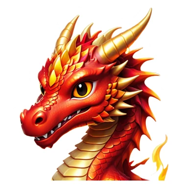 Cinematic Cute Fierce Fire Dragon Portrait Emoji, Head tilted playfully and inquisitively, showcasing a robust, flame-embellished form with intricately detailed scales in vibrant reds and glistening golds, accented by flickering ember highlights and a warm, inviting glow; rendered with lifelike detail and radiant natural light, high shine, spirited yet endearing, styled with a touch of blazing whimsy, soft glowing outline, capturing the essence of a mischievous yet charming inferno that seems ready to dance with playful fire! sticker