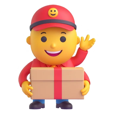 3D smiley emoji, round shape, postman: wearing postman hat, holding package, funny face sticker