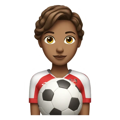 Pretty woman with medium brown hair holding a soccer ball and wearing an Arsenal jersey sticker