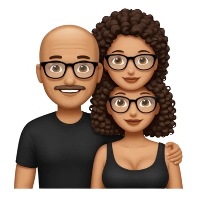 A picture of a happy tanned couple. the man is a Mexican man with tanned skin, a bald hair cut, short beard and wearing a black shirt. the woman is mixed, wearing black rectangle glasses, with long curly dark brown hair and with big boobs  sticker