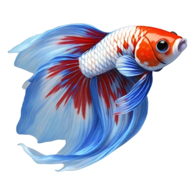 A Koi Betta with a marbled pattern of red, white, and metallic blue. Its long, flowing fins mirror the vibrant body, with a shimmering blue iridescence sticker