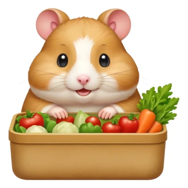 Cute chubby cartoon-style hamster holding a small bento box filled with vegetables, smiling proudly. Soft painterly shading, white background, sticker-style illustration sticker