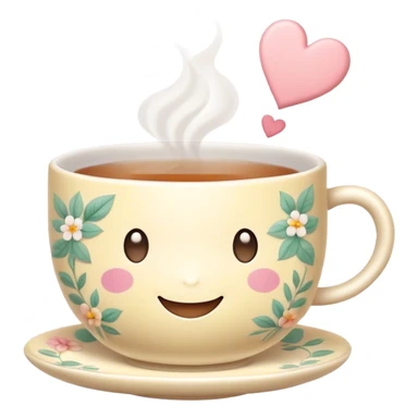 Cute Kawaii Tea Cup, steaming with warmth, a charming smiling face, soft pastel tones, delicate floral patterns, a tiny heart-shaped tea bag tag, cozy and inviting! sticker