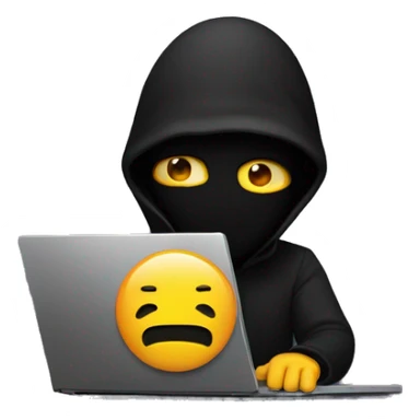  having a  laptop, and in that laptop is . make that emoji background is black. the programmer face is hidden in shadow with a black facemask , and his laptop is face towars right and his programming in laptop display is  shown sticker