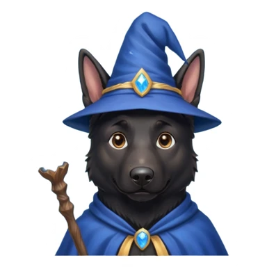 all black german shepherd face wearing a wizard hat and staff and magic swirling around him sticker